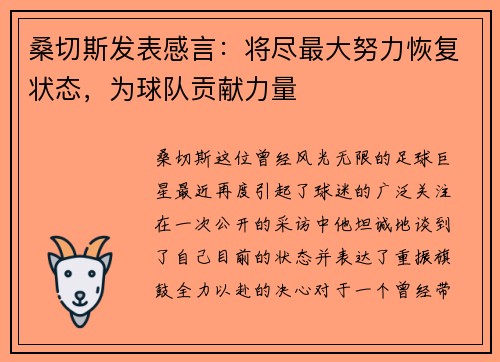 桑切斯发表感言：将尽最大努力恢复状态，为球队贡献力量