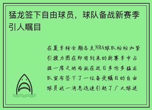 猛龙签下自由球员，球队备战新赛季引人瞩目