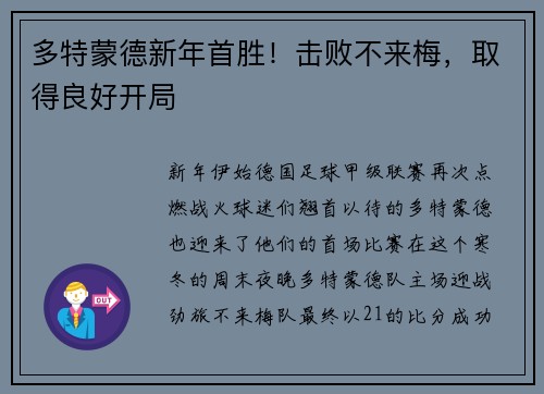 多特蒙德新年首胜！击败不来梅，取得良好开局